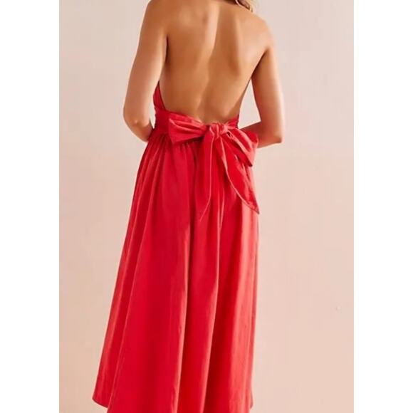 Free People Dresses & Skirts - NWT Free People SZ XL Back at It Red Halter Dress Midi Length Linen Collared